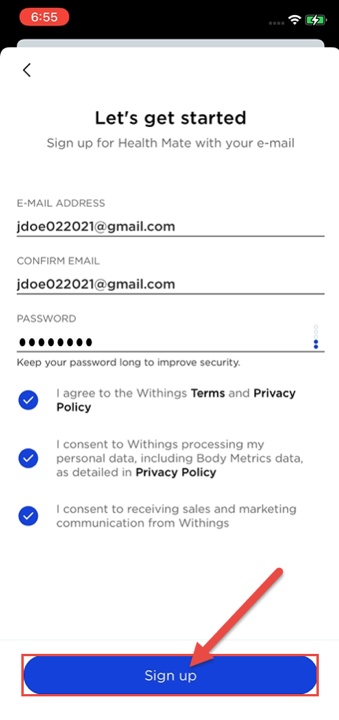 Sign-up page in device app
