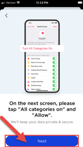 Next button to activate Apple Health