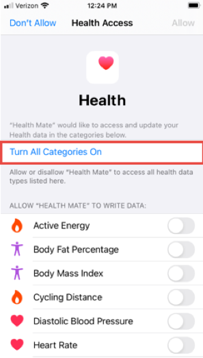 Turn all categories on for Apple Health