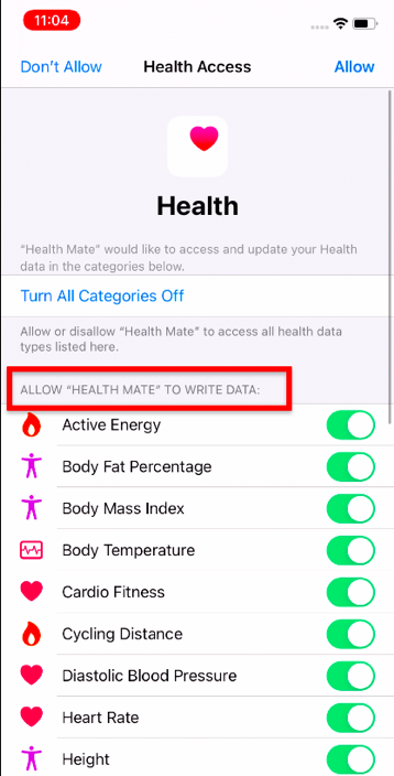Write Data section in Apple Health